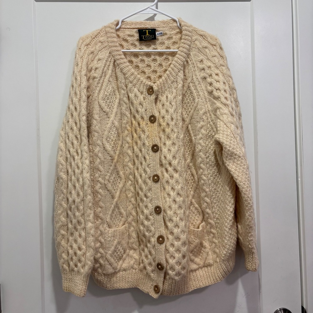 Tivoli Handknit Pure New Wool Cable Knit Cardigan Sweater Cream Fisherman
